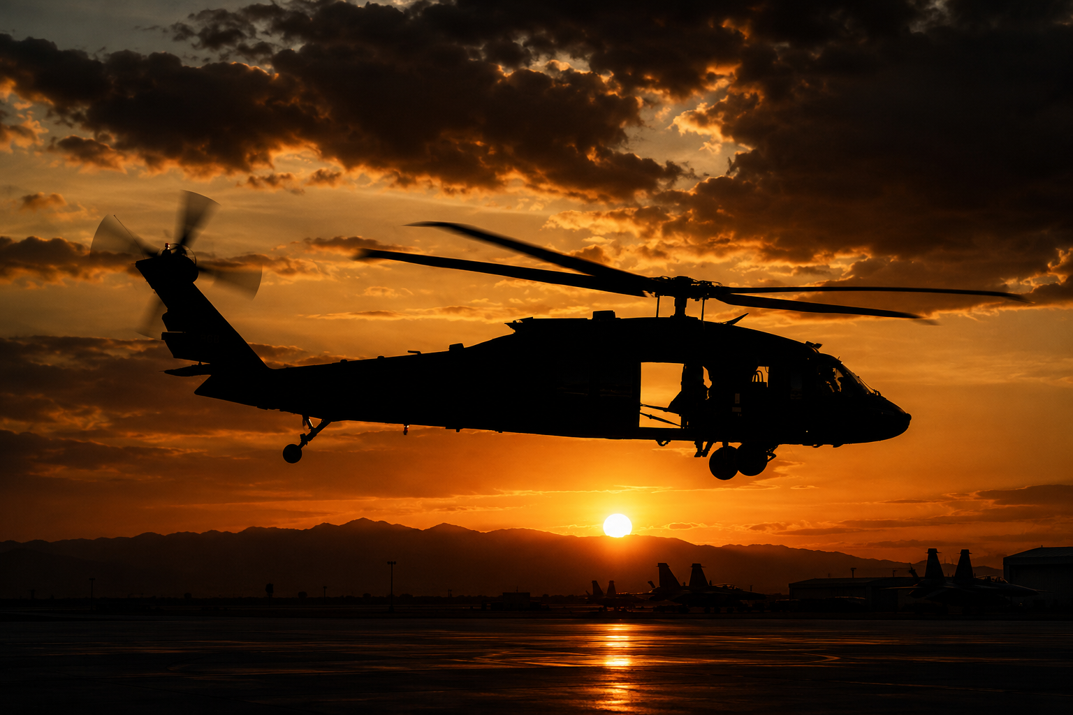 Military helicopter silhouette at sunset