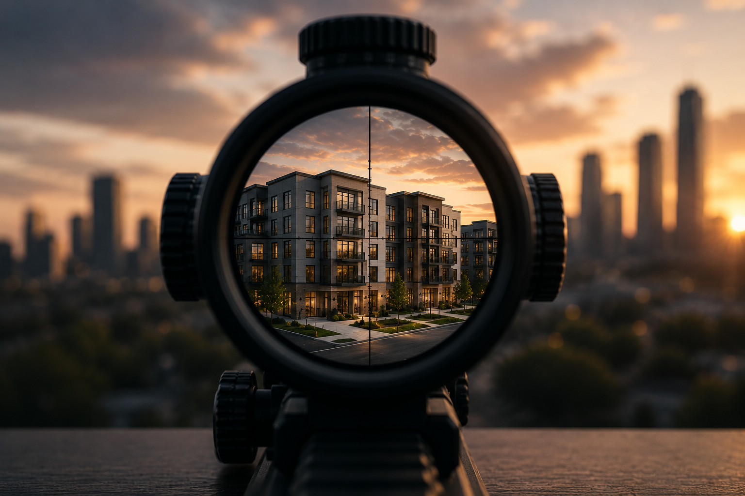 Multifamily property viewed through a precision optic at sunset