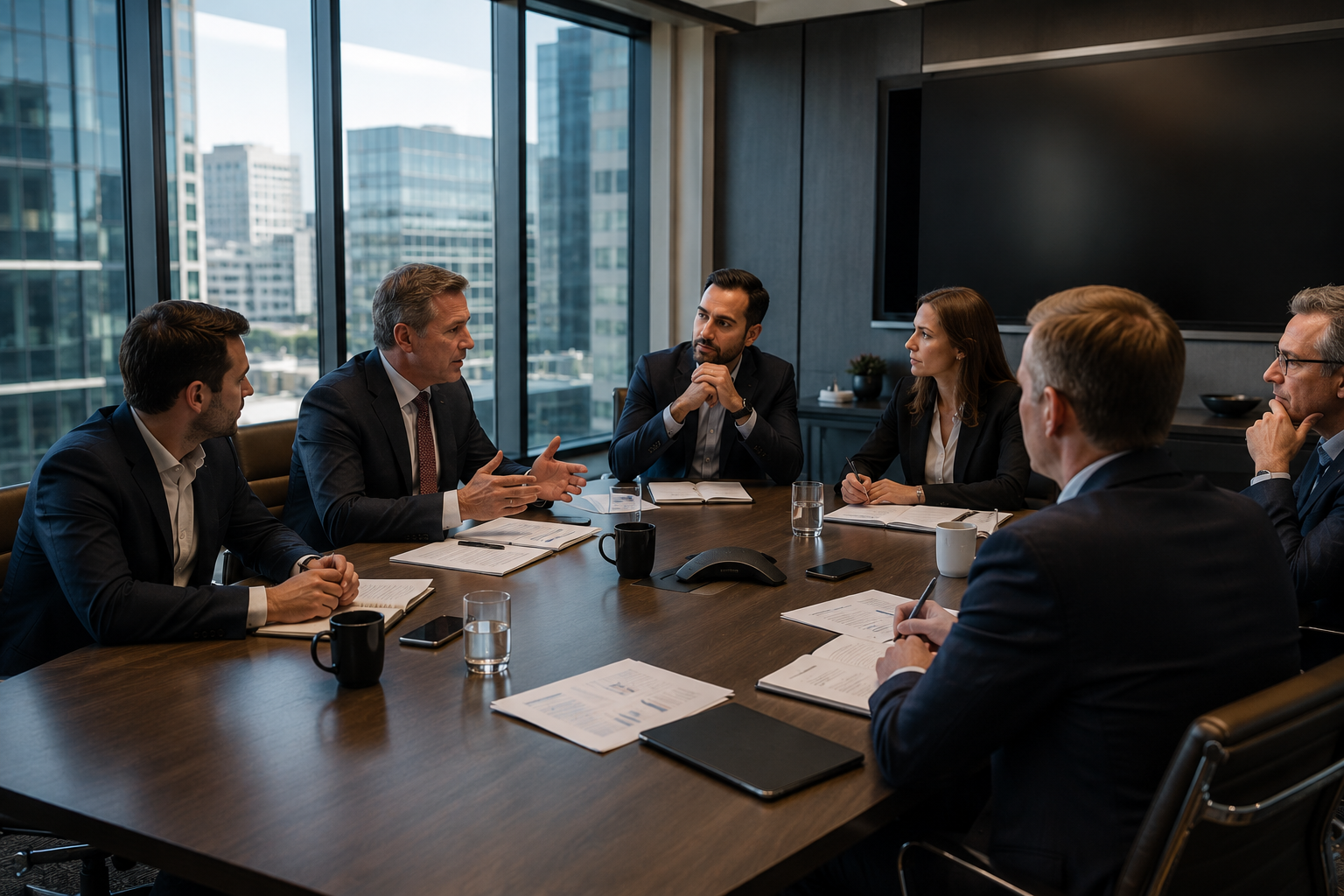 Executive leadership team meeting around a conference table
